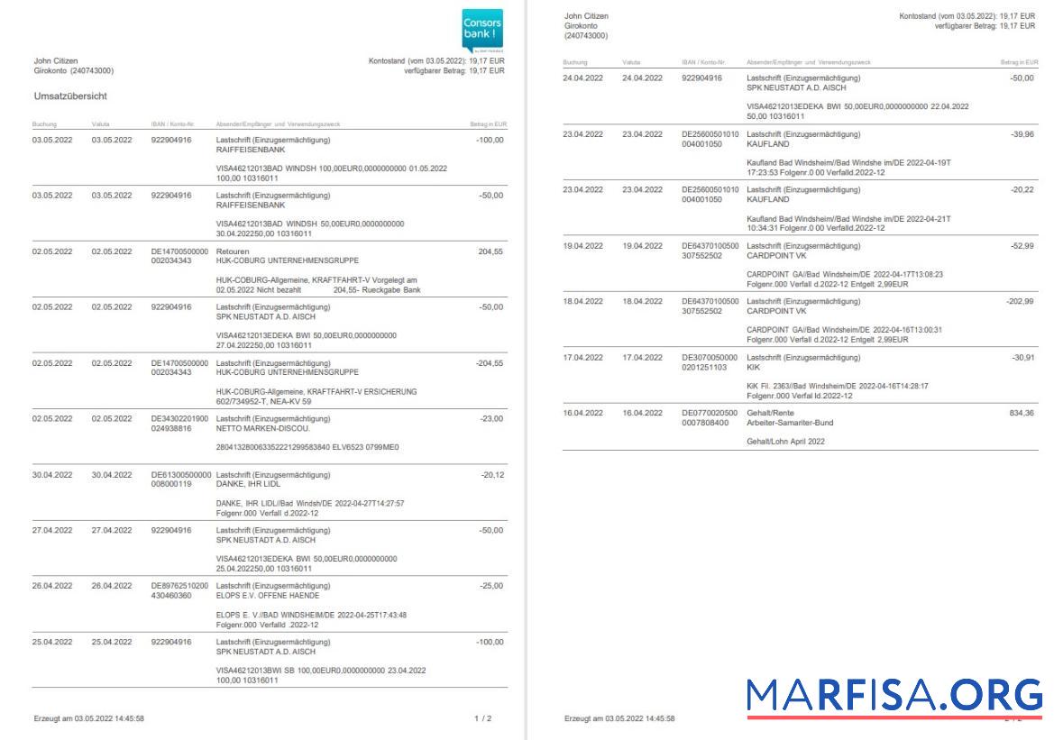 Realistic Germany Consorsbank statement 2 pages real example